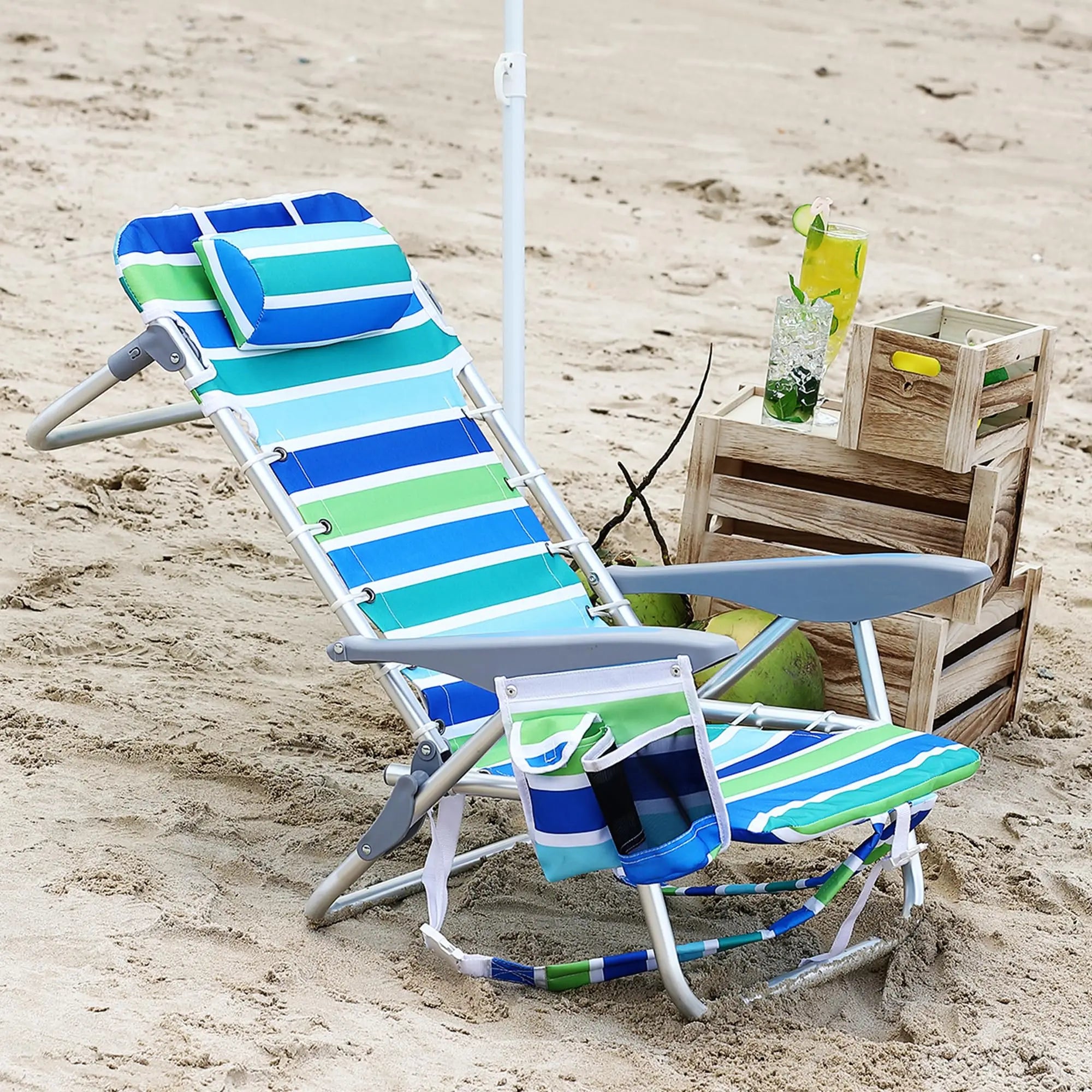Portable Backpack Beach Chair 2 Pack 5 Reclining Positions Folding Outdoor Lounge w/Backpack Straps,Cup Holder for Camping Beach