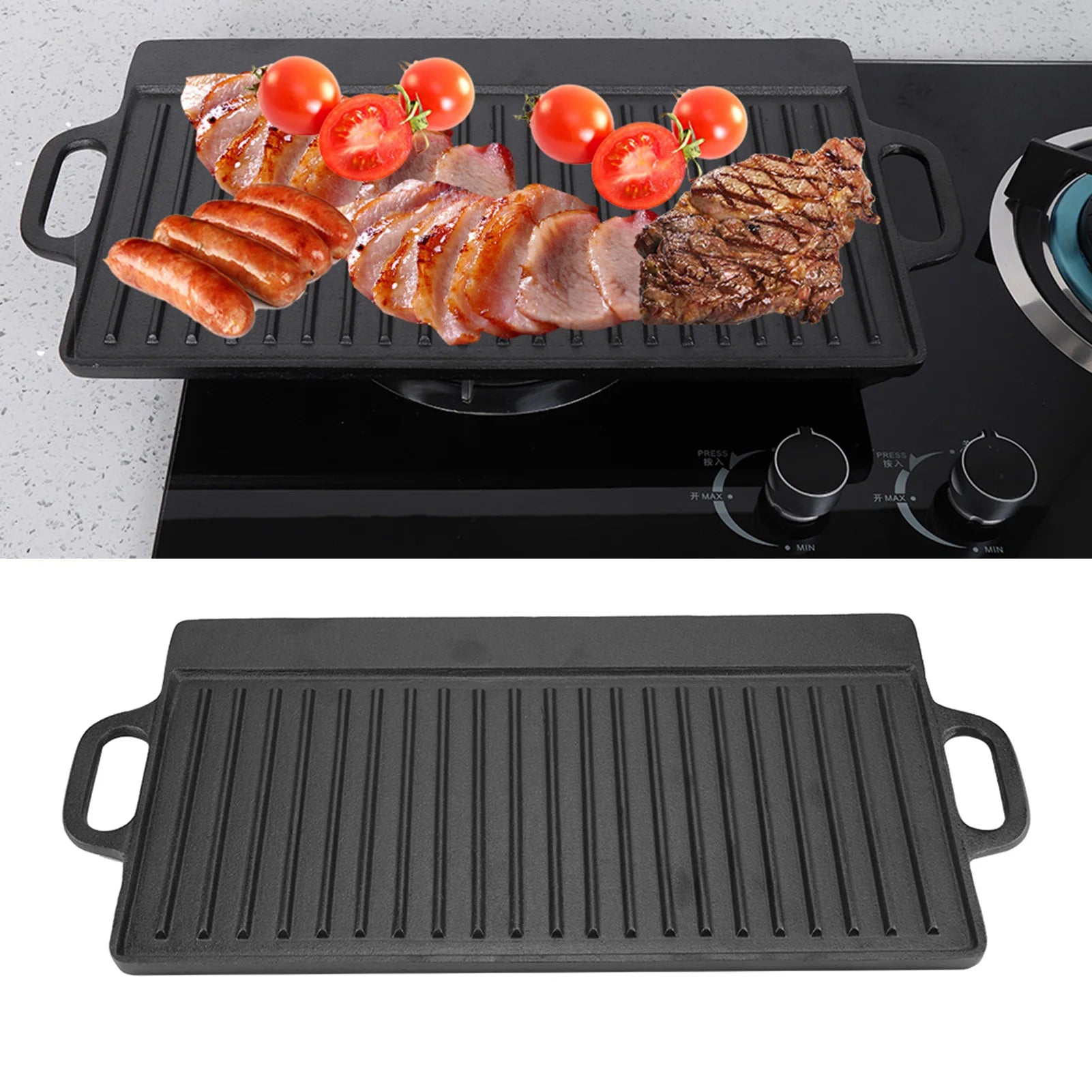 Non-Stick Cast Iron Grill Griddle Pan Ridged and Flat Double Sided Baking Cooking Tray Bakeware 19.9*9.3*0.6in