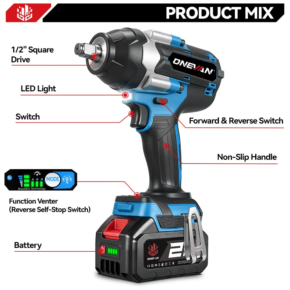 ONEVAN 1800N.M Torque Brushless Electric Impact Wrench 1/2 inch Cordless Drill Car Repair Power Tool For Makita 18V Battery Pin