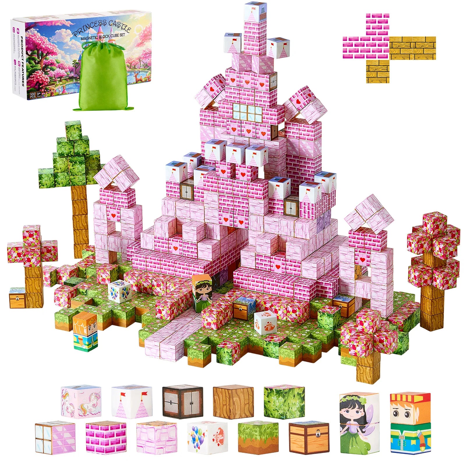 SucceBuy Magnetic Blocks 100 PCS Princess Castle Set Magnetic Building Cubes for Kids STEM Montessori Sensory Toys for Birthday