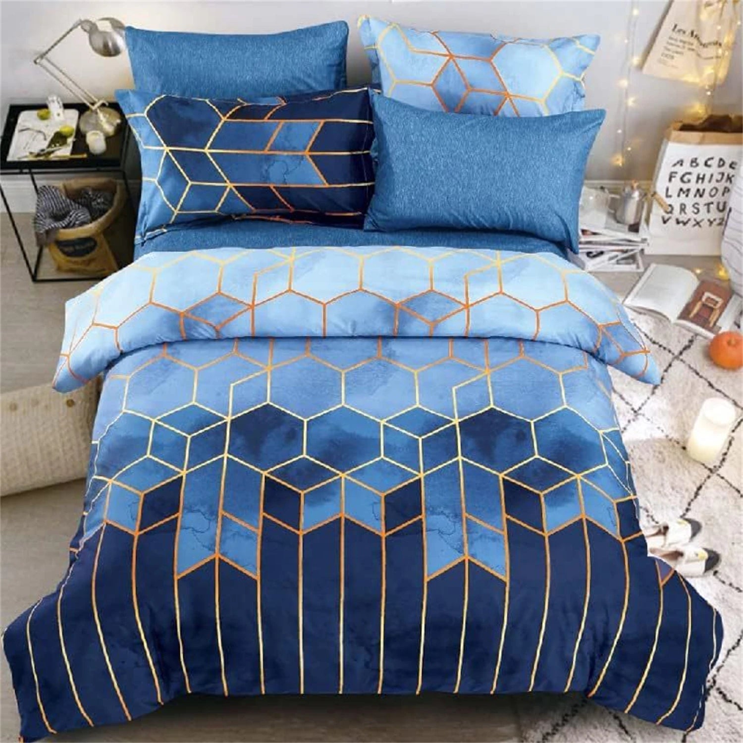 3Pcs Navy Blue Geometric Duvet Cover Set, Modern Hexagon Bedding, Soft Microfiber Quilt Cover, Luxury Bedroom Decor,AU Local Sto