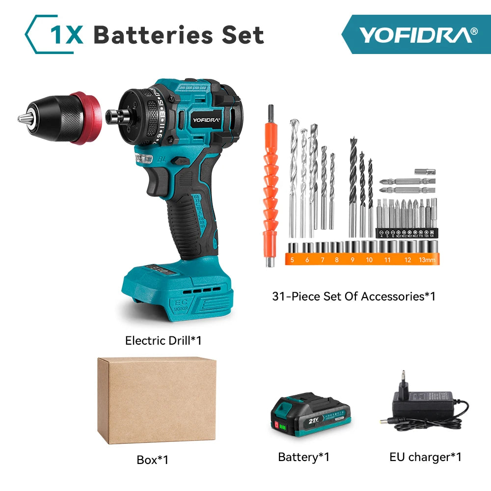 YOFIDRA 2 in1 Brushless Electric Screwdriver Hammer Cordless Drill Impact Multifunctional Power Tool For Makita 21V Battery Pin