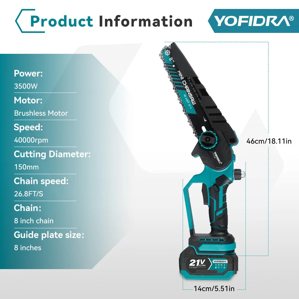 YOFIDRA Brushless 8 inch Electric Pruning Saw Cordless Chainsaw Rechargeable Woodworking Power Tool For Makita 21V Battery Pin
