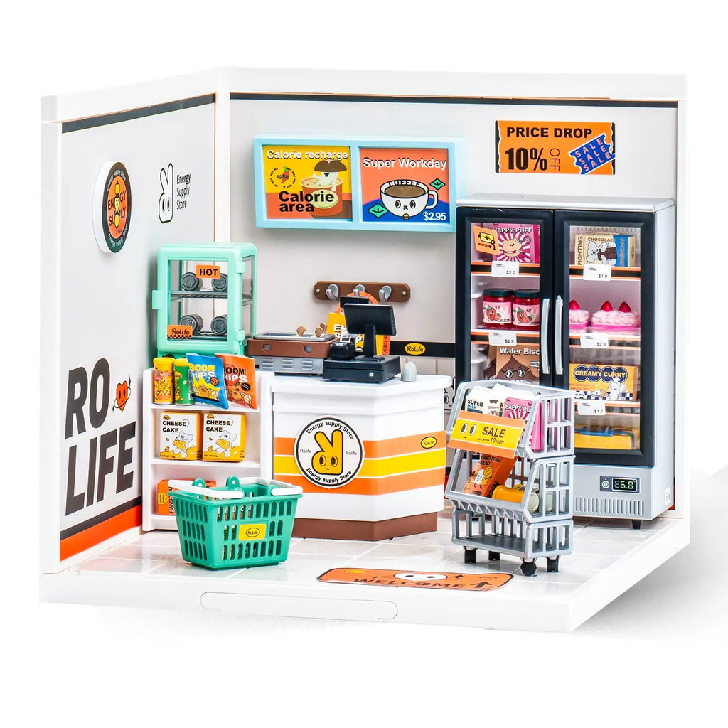 Robotime Rolife Super Creat Plastic DIY Miniature House Cafe Energy Supply Store Funny Toys Building Block Sets for Kids DW003