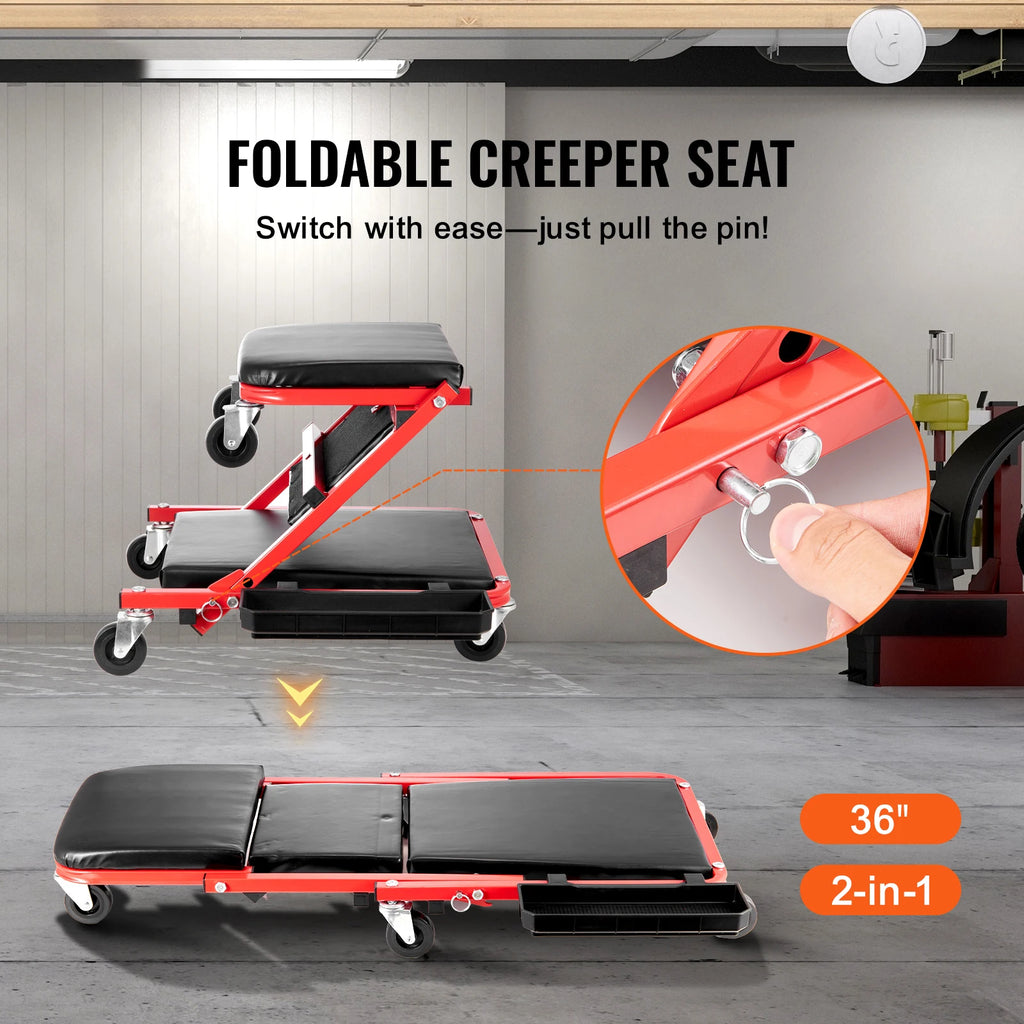 SucceBuy Foldable Z Garage Creeper Rolling Folding Mechanic Creeper Stool with6Wheels Tool Tray Padded Seat Garage Shop Home