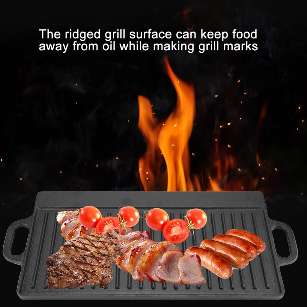 Non-Stick Cast Iron Grill Griddle Pan Ridged and Flat Double Sided Baking Cooking Tray Bakeware 19.9*9.3*0.6in