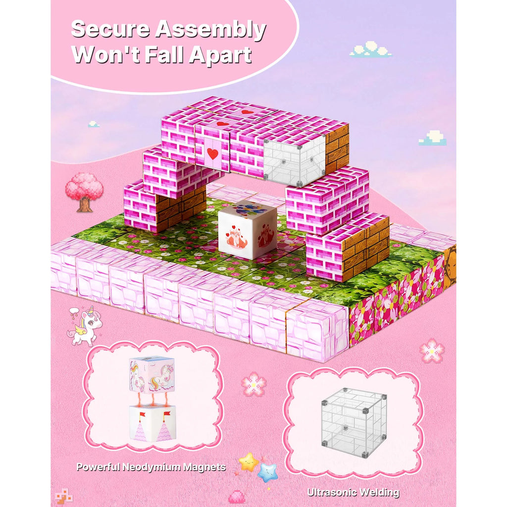 SucceBuy Magnetic Blocks 100 PCS Princess Castle Set Magnetic Building Cubes for Kids STEM Montessori Sensory Toys for Birthday