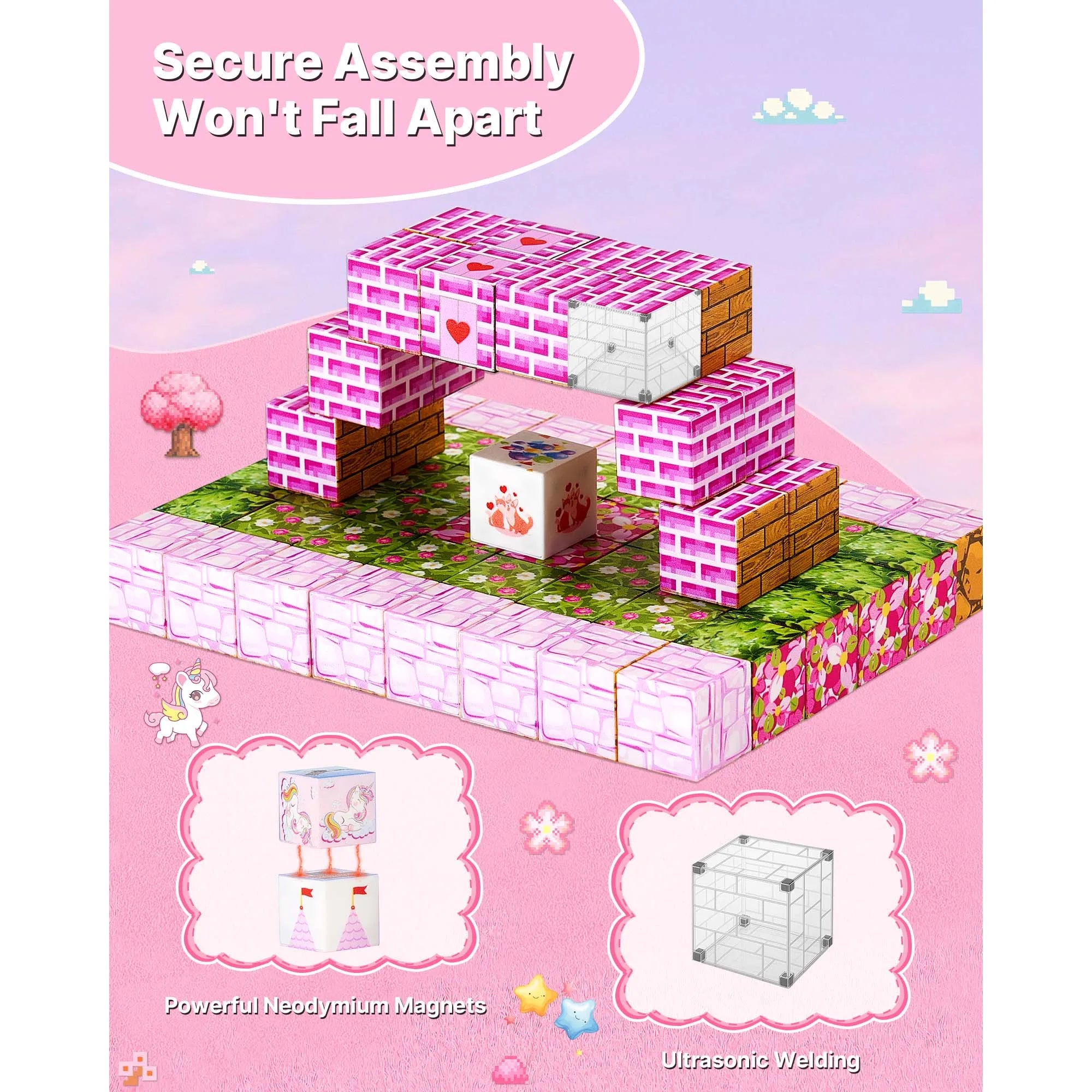 SucceBuy Magnetic Blocks 100 PCS Princess Castle Set Magnetic Building Cubes for Kids STEM Montessori Sensory Toys for Birthday