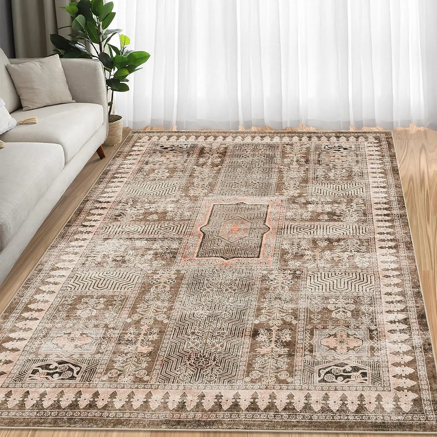 Washable Area Rugs for Living Room, Floral Rug for Bedroom, Soft Boho Throw Rugs, Low Pile Vintage Floral Carpet for Dining Room