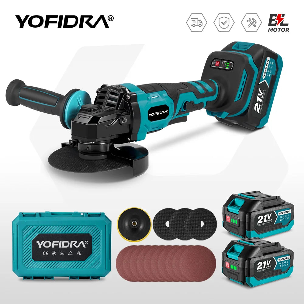 YOFIDRA 125MM Brushless Electric Angle Grinder 3000W 3Gears Polishing Cutting Machine Wood Power Tool For Makita 21V Battery Pin