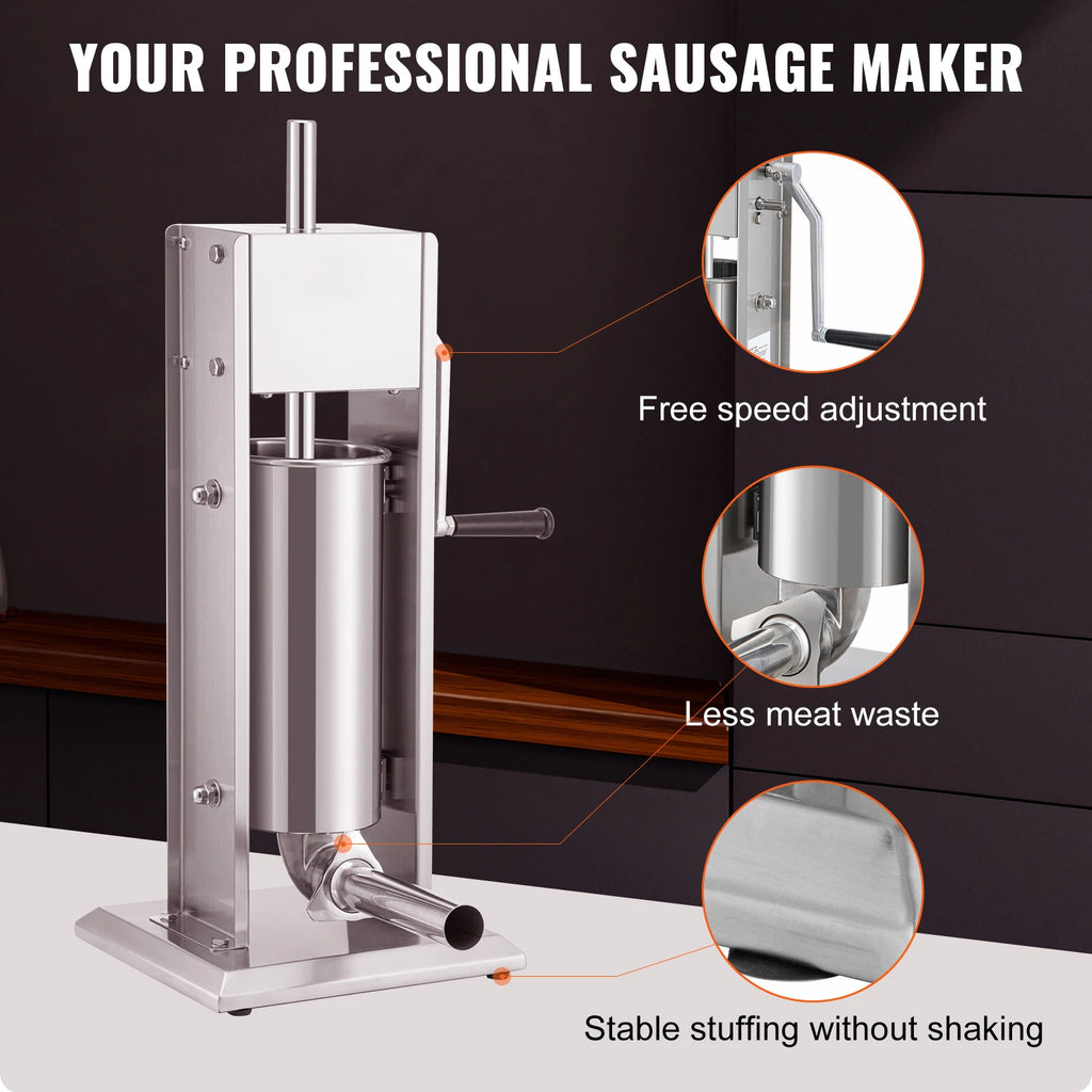 SucceBuy 5L Manual Sausage Stuffer Stainless Steel Making Sausage Vertical Maker with 5 Filling Funnels for Home Commercia