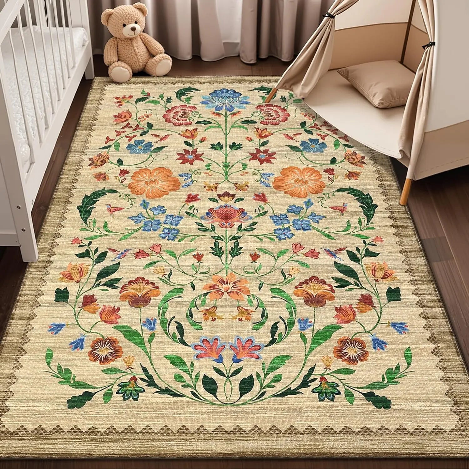 Washable Area Rugs for Living Room, Floral Rug for Bedroom, Soft Boho Throw Rugs, Low Pile Vintage Floral Carpet for Dining Room