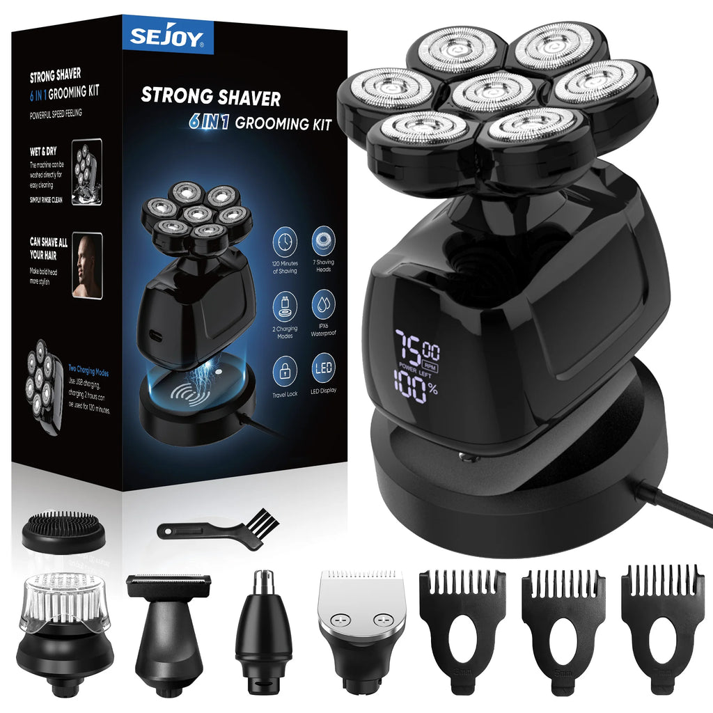 SEJOY Multifunctional 7D Head Shavers for Bald Men 6-in-1 Electric Razor with Nose Hair Trimmer Waterproof Mens Grooming Kit