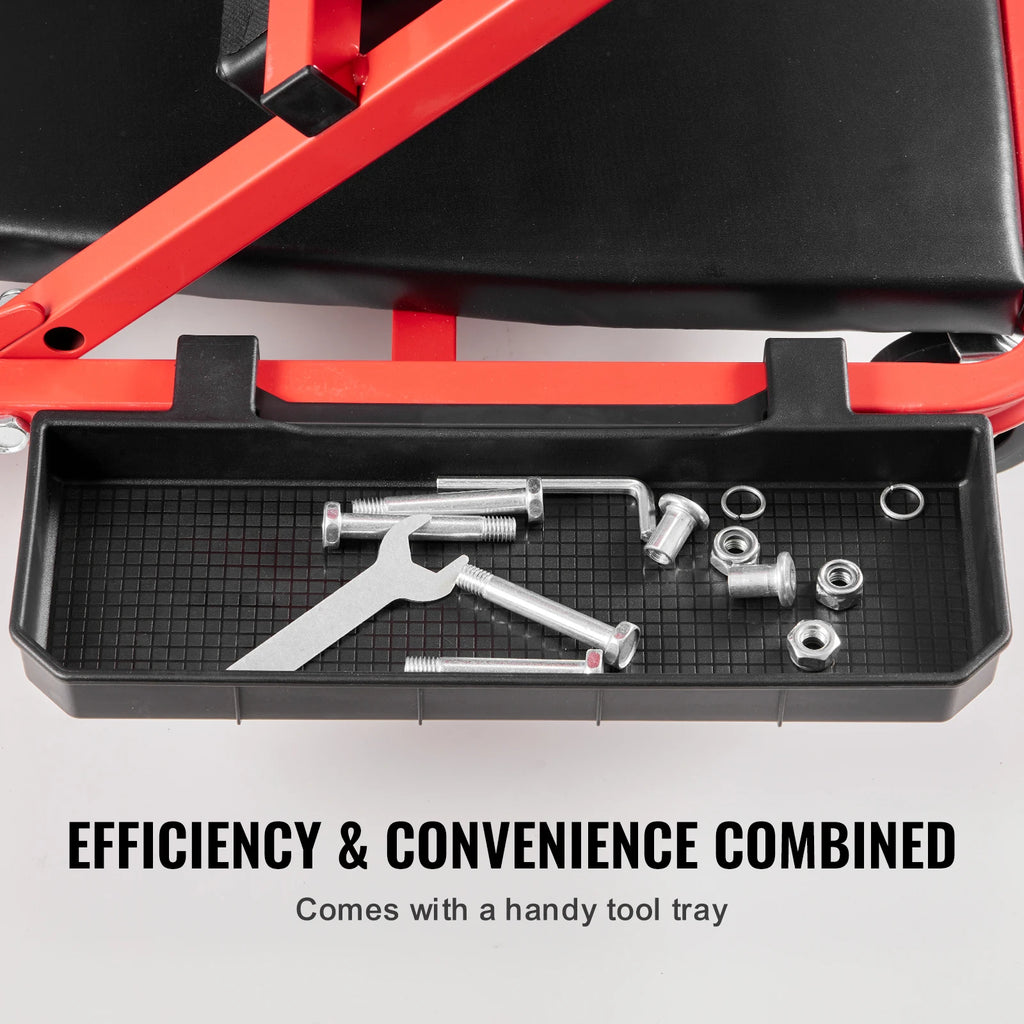 SucceBuy Foldable Z Garage Creeper Rolling Folding Mechanic Creeper Stool with6Wheels Tool Tray Padded Seat Garage Shop Home