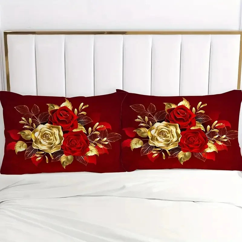 3Pcs Red Gold Rose Duvet Cover Set, 3D Floral Bedding, Soft Microfiber Quilt Cover, Luxury Bedroom Decor,Queen Size,Local Stock