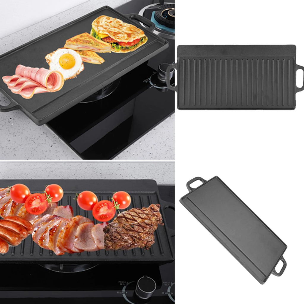 Non-Stick Cast Iron Grill Griddle Pan Ridged and Flat Double Sided Baking Cooking Tray Bakeware 19.9*9.3*0.6in