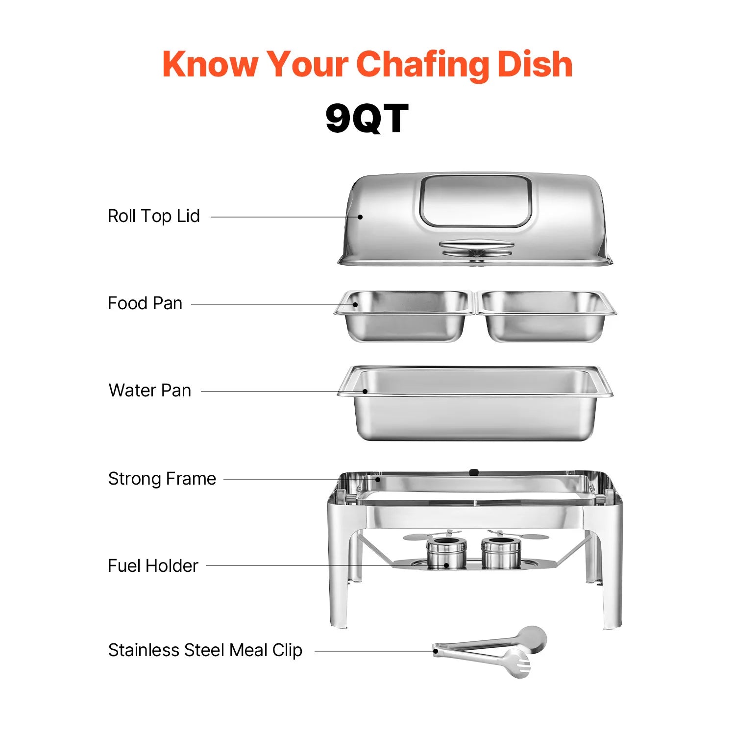 SucceBuy 9Qt Roll Top Chafing Dish Buffet Stainless Steel Chafer w/ Full Size Pan Visible Lid Rectangle Catering Warmer Server