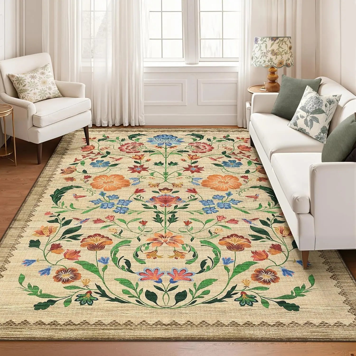 Washable Area Rugs for Living Room, Floral Rug for Bedroom, Soft Boho Throw Rugs, Low Pile Vintage Floral Carpet for Dining Room