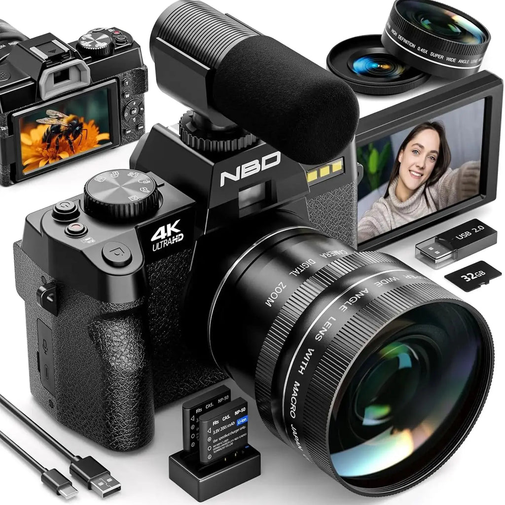 NBD 4K Digital Cameras for Photography,48MP Camera,Travel Vlogging Cameras with 16X Digital Zoom,180°Flip Screen,52mm Macro Lens