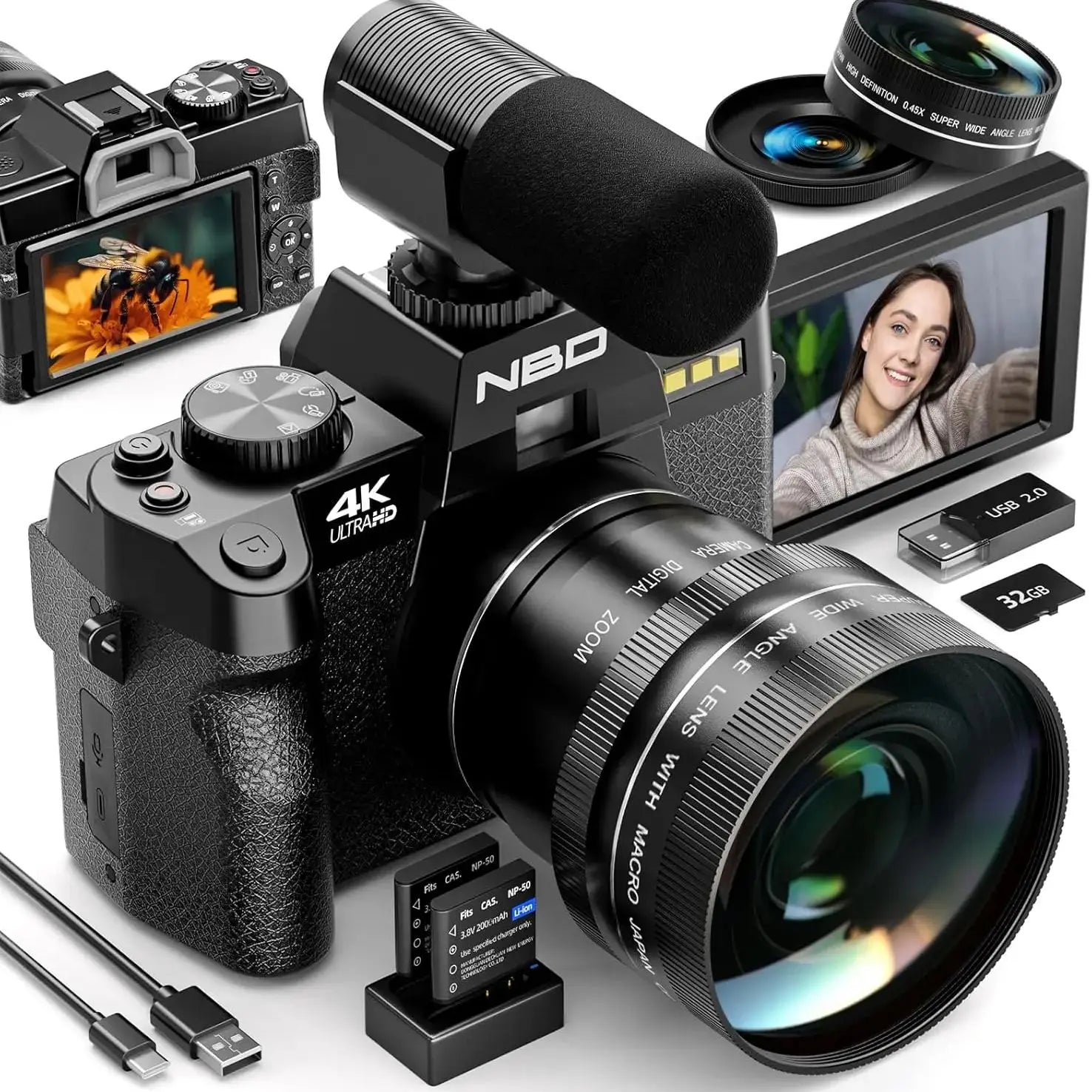 NBD 4K Digital Cameras for Photography,48MP Camera,Travel Vlogging Cameras with 16X Digital Zoom,180°Flip Screen,52mm Macro Lens