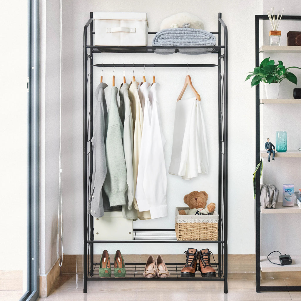 Heavy Duty Metal Garment Shoe Rack Stand Freestanding Clothes Hanging Rail with Shelves