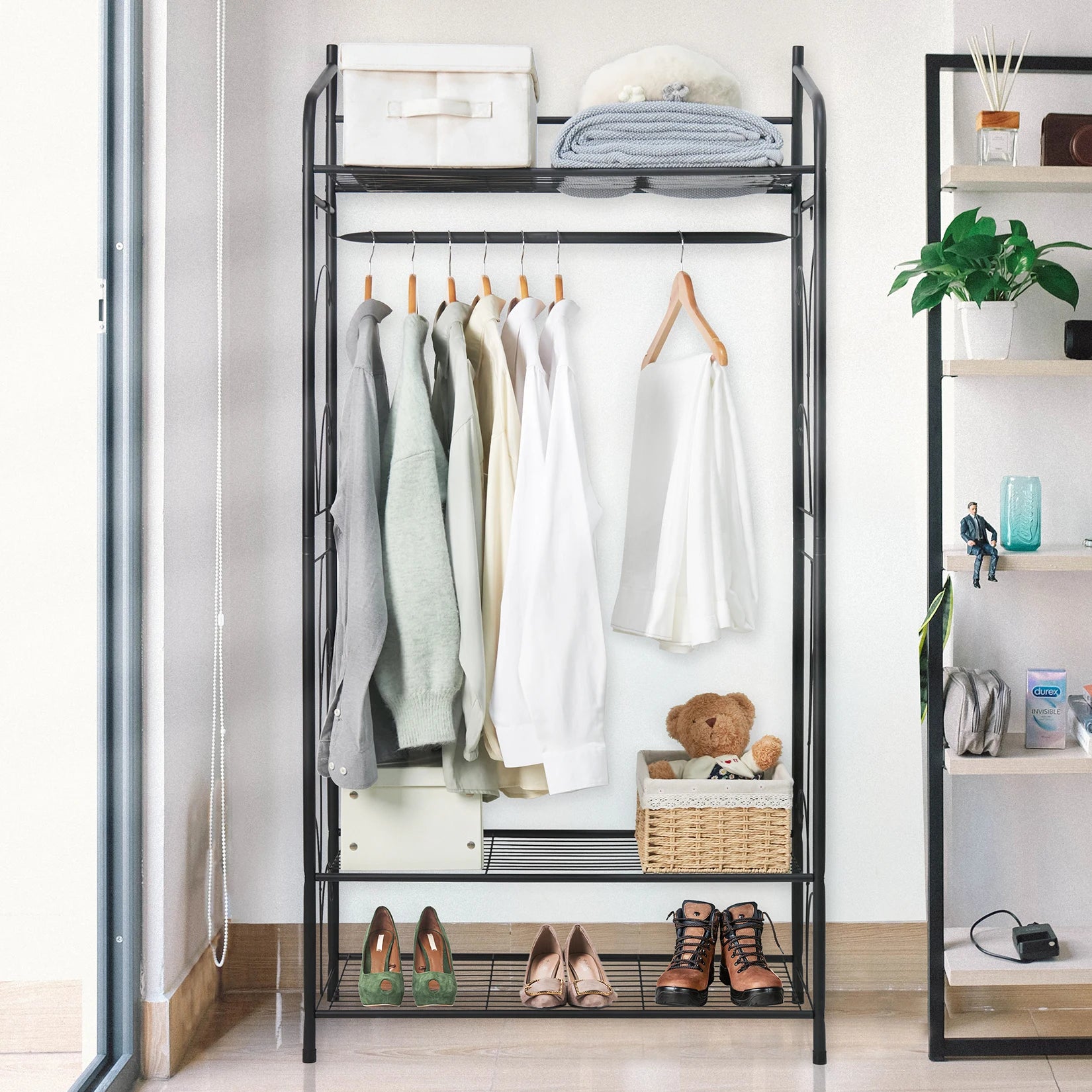 Heavy Duty Metal Garment Shoe Rack Stand Freestanding Clothes Hanging Rail with Shelves