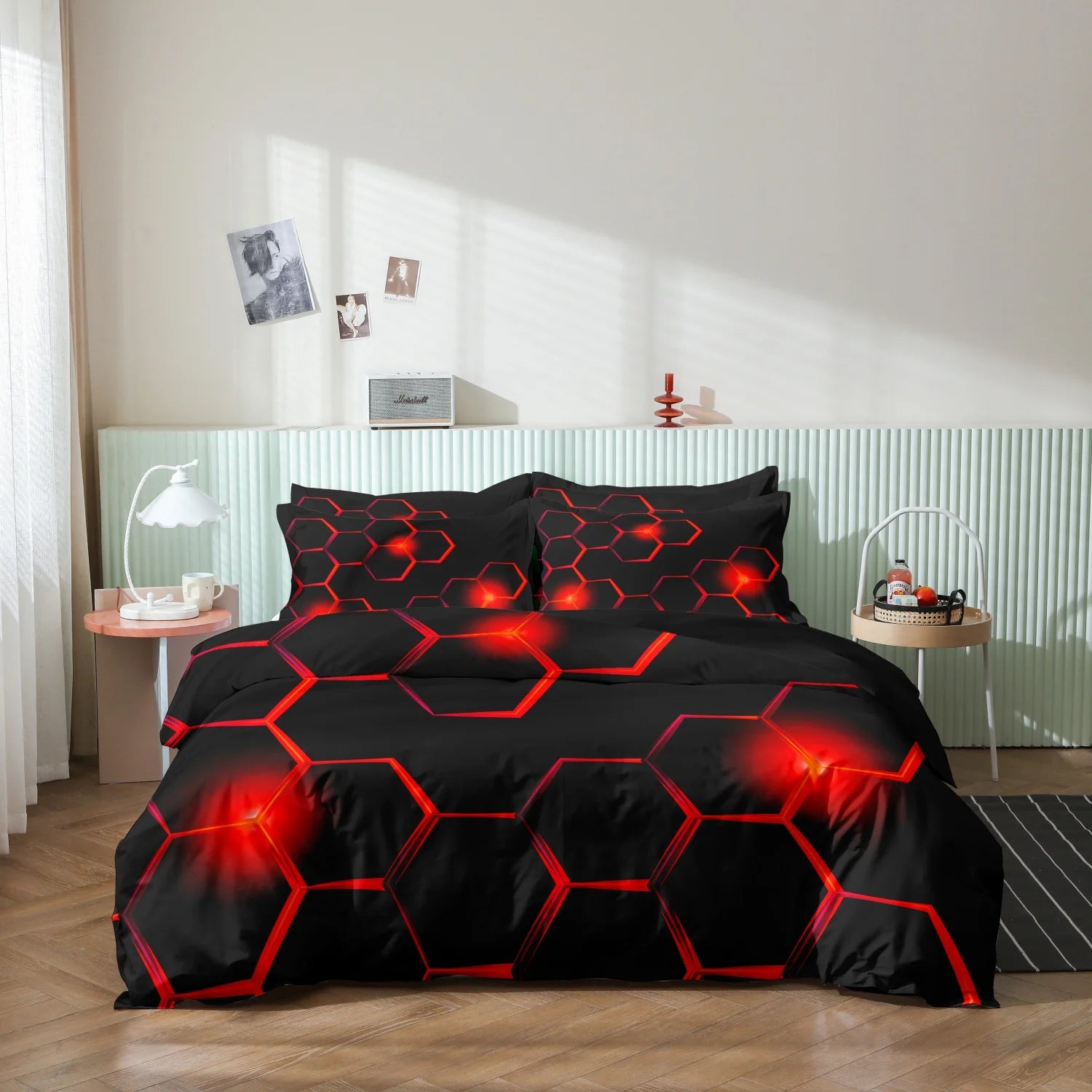 3pcs Red Geometric Hexagon Quilt Duvet Cover Set - Soft Comfortable Bedding Set For Bedroom, - 1*Duvet Cover + 2*Pillowcases