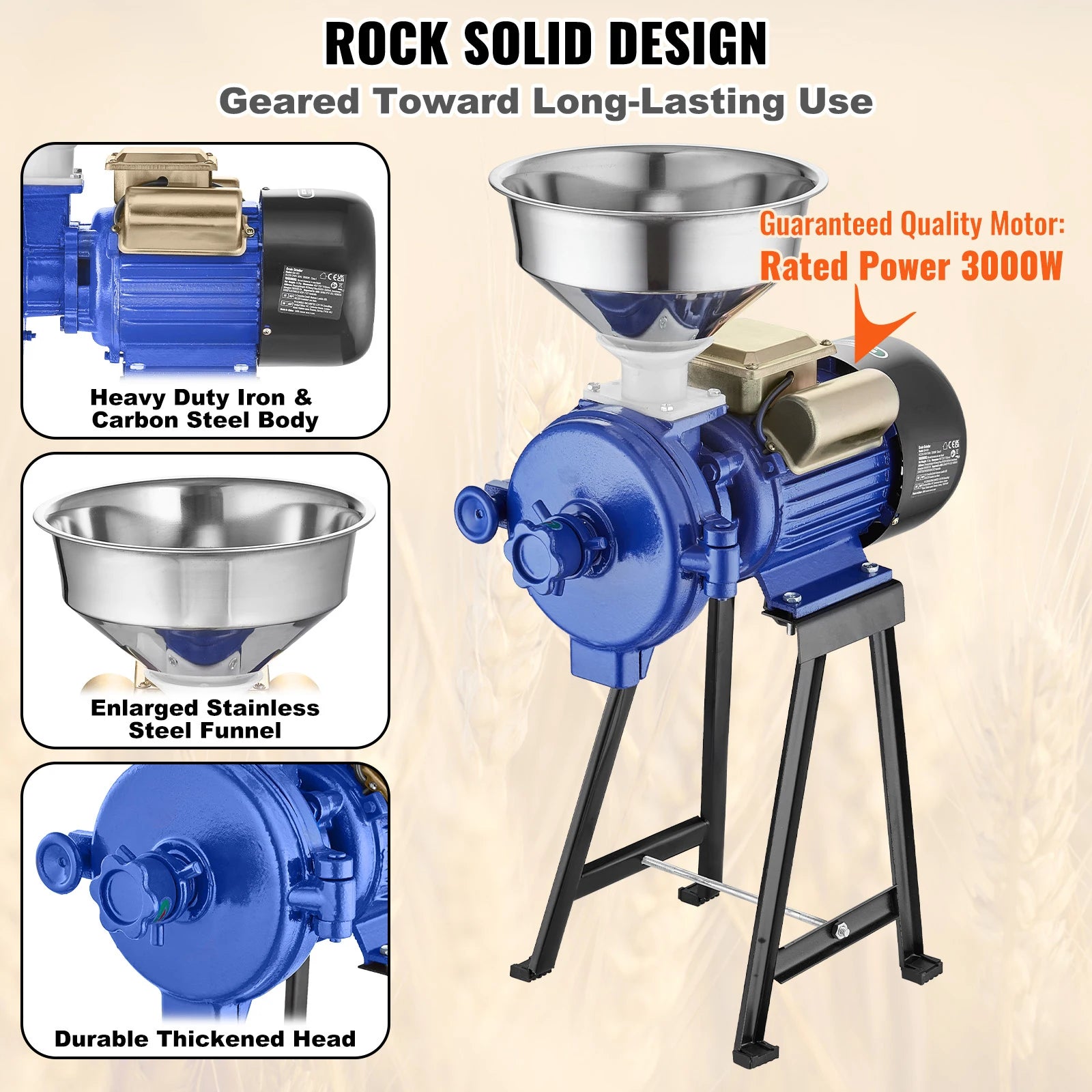 SucceBuy Electric Grain Mill Grinder3000W  Commercial Corn Mill w/Funnel Thickness Adjustable Powder Machine Heavy Duty Grinder