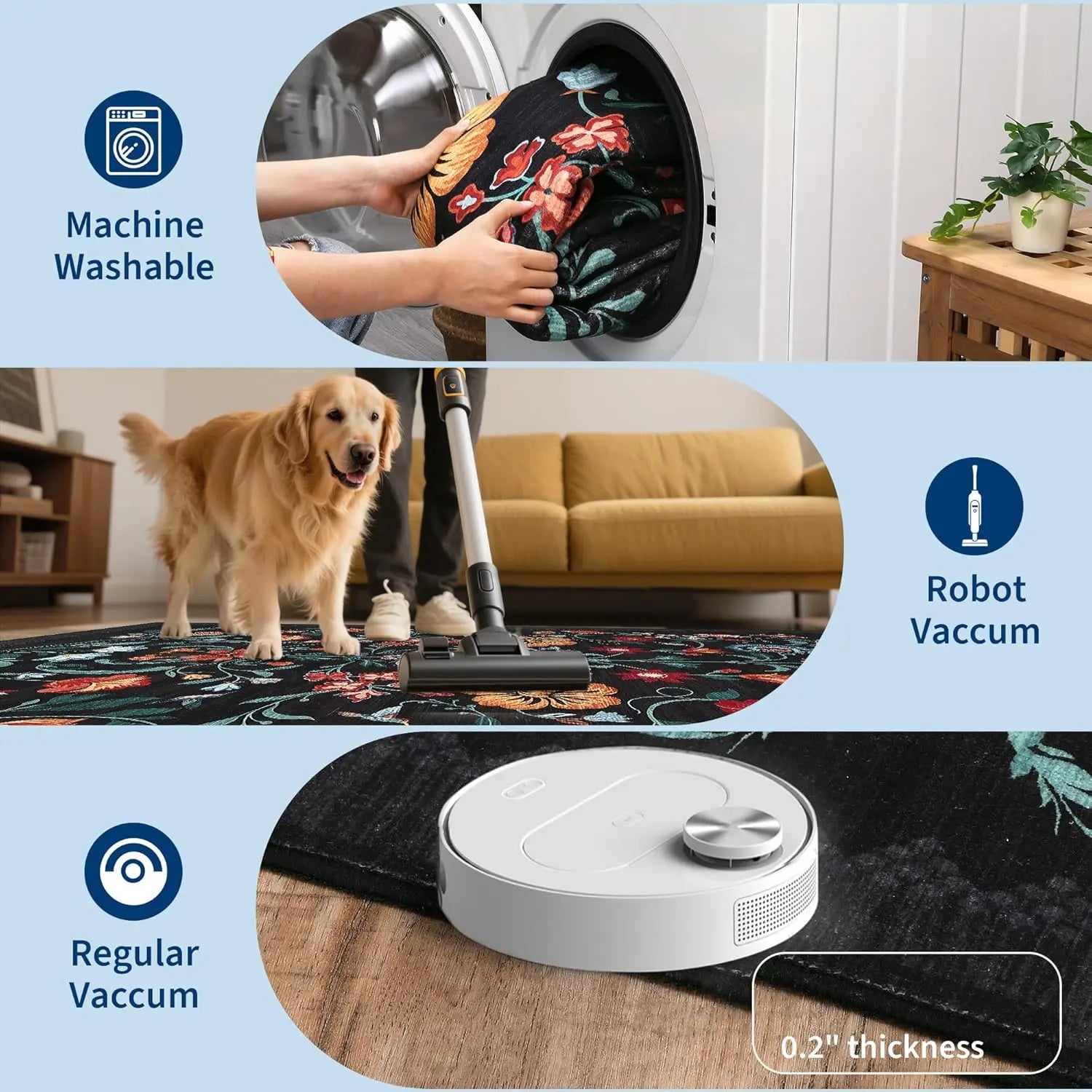 Washable Rugs for Living Room, Low Pile Floral Area Rug, Indoor Soft Carpet, Indoor Foldable Floor Mat for Bedroom, Dining Room