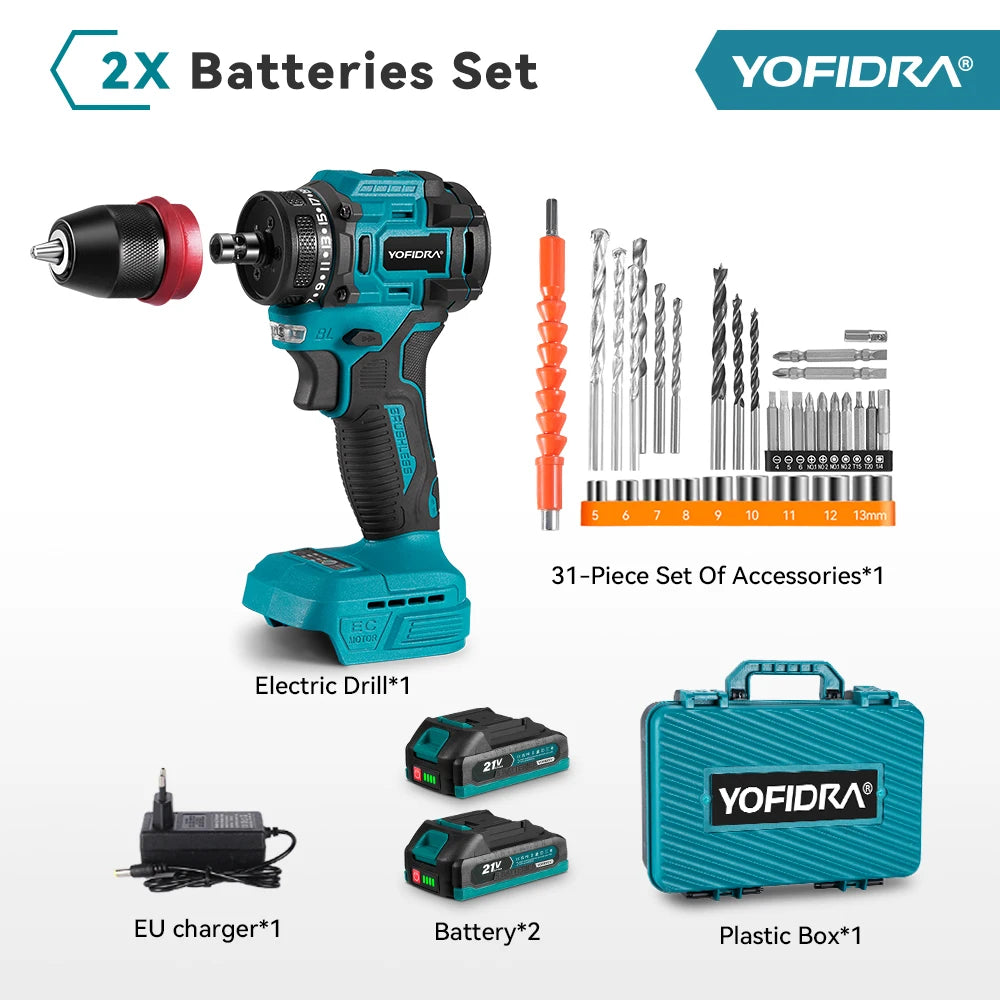 YOFIDRA 2 in1 Brushless Electric Screwdriver Hammer Cordless Drill Impact Multifunctional Power Tool For Makita 21V Battery Pin
