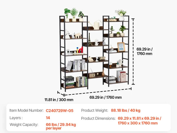 SucceBuy Metal Bookshelf 3-14-Tier Tall Industrial Bookshelf Vintage Display Storage Bookcase with Open Shelves to Home Office