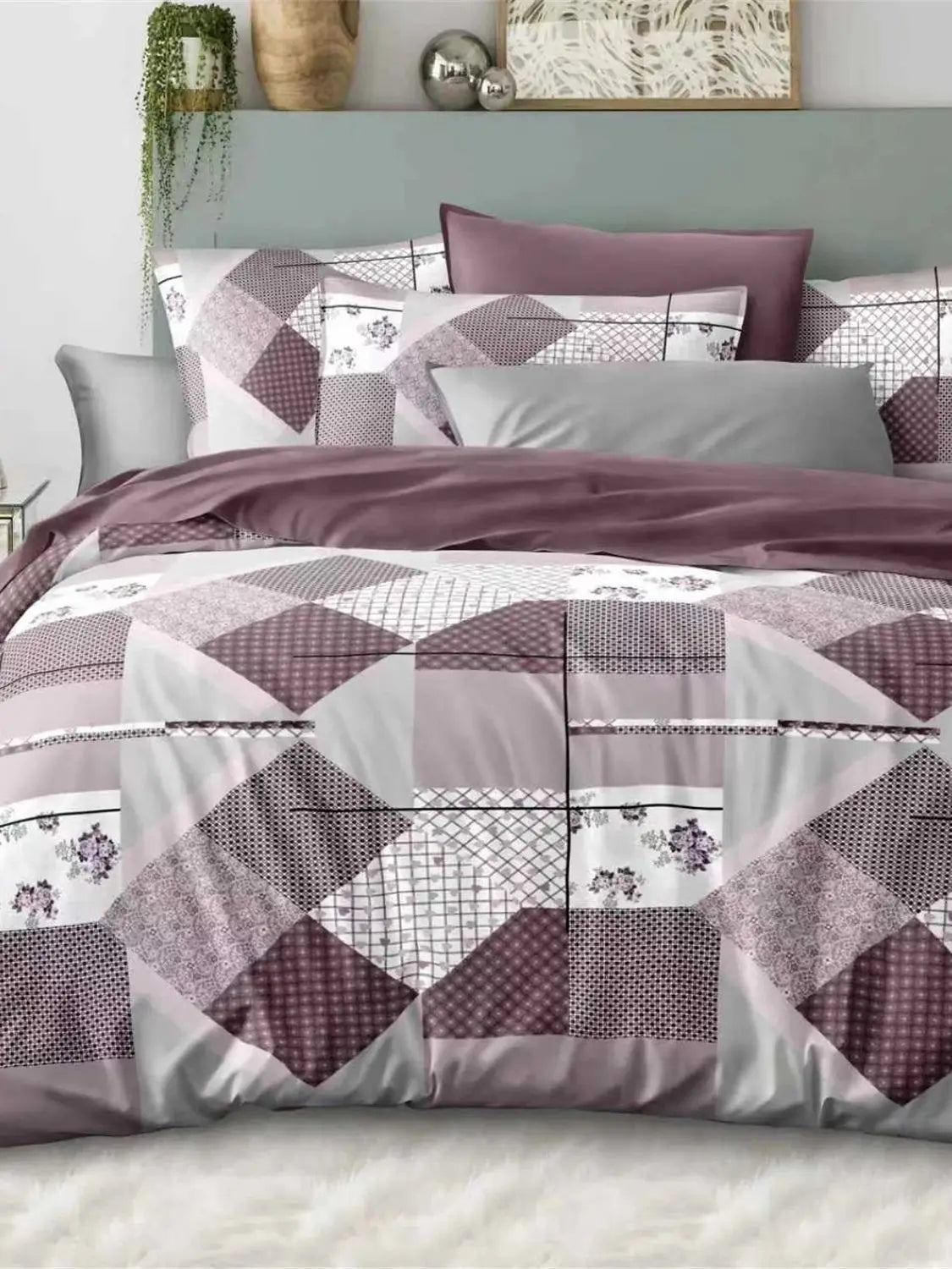 Patchwork Bedding Set Queen Size, 3Pcs Duvet Cover, Soft Microfiber Quilt Cover Set, Purple Grey Geometric Print,AU Local Stock