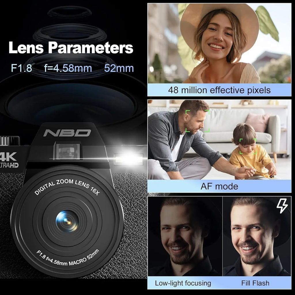 NBD 4K Digital Cameras for Photography,48MP Camera,Travel Vlogging Cameras with 16X Digital Zoom,180°Flip Screen,52mm Macro Lens