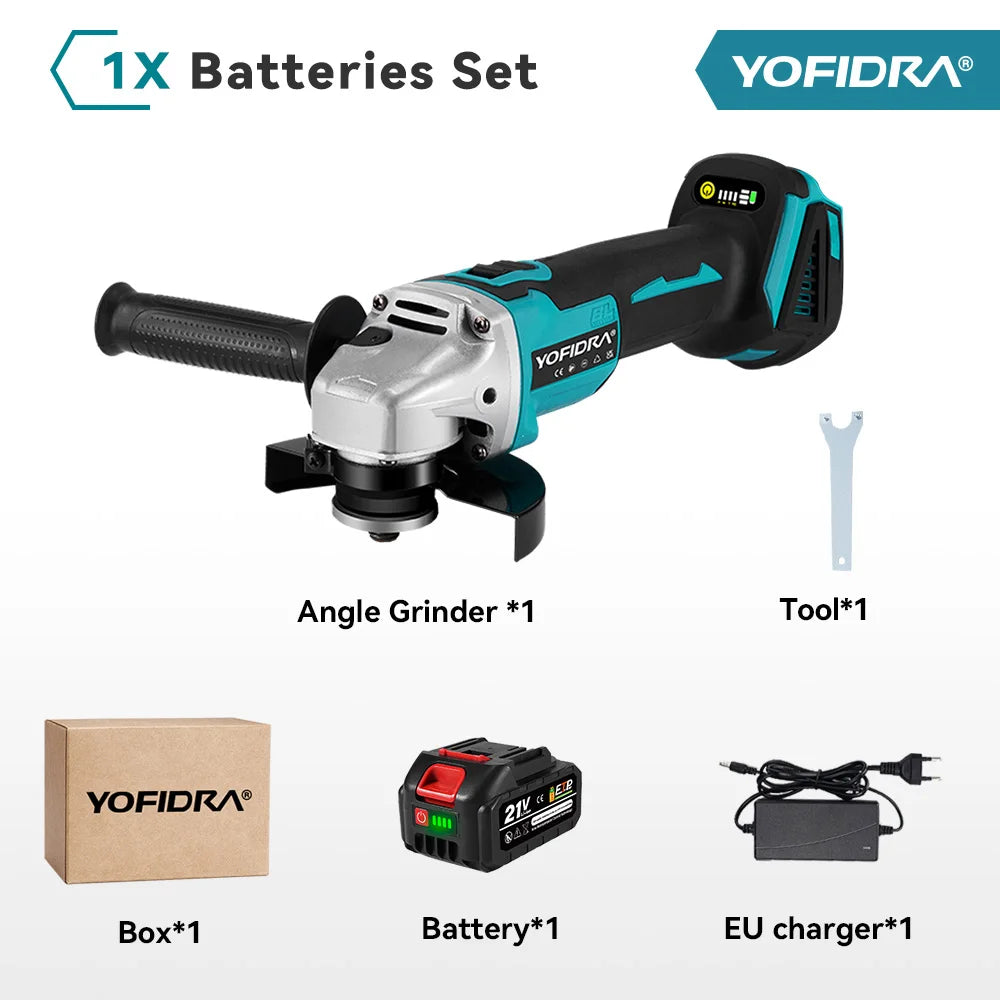 YOFIDRA 125mm Brushless Angle Grinder 4 Gear Cordless Grinding Machine Cutting Woodworking Power Tool For Makita 21V Battery Pin