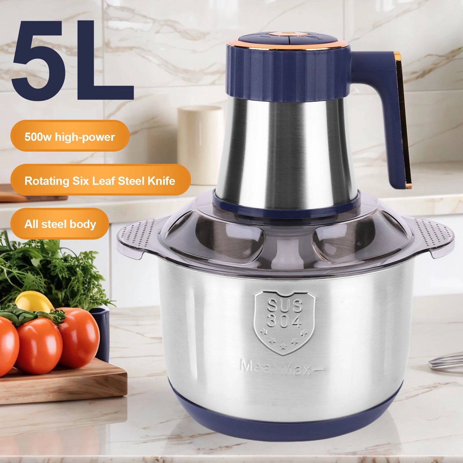 5L Electric Meat Grinder 500W Food Vegetable Processor Stainless Steel Electric Chopper for Ground Beef Deer Chicken