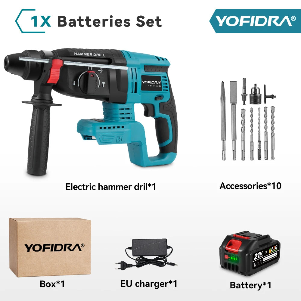 YOFIDRA Brushless Electric Hammer Drill 26MM Multifunctional Cordless Rechargeable Screwdriver Tool For Makita 21V Battery Pin