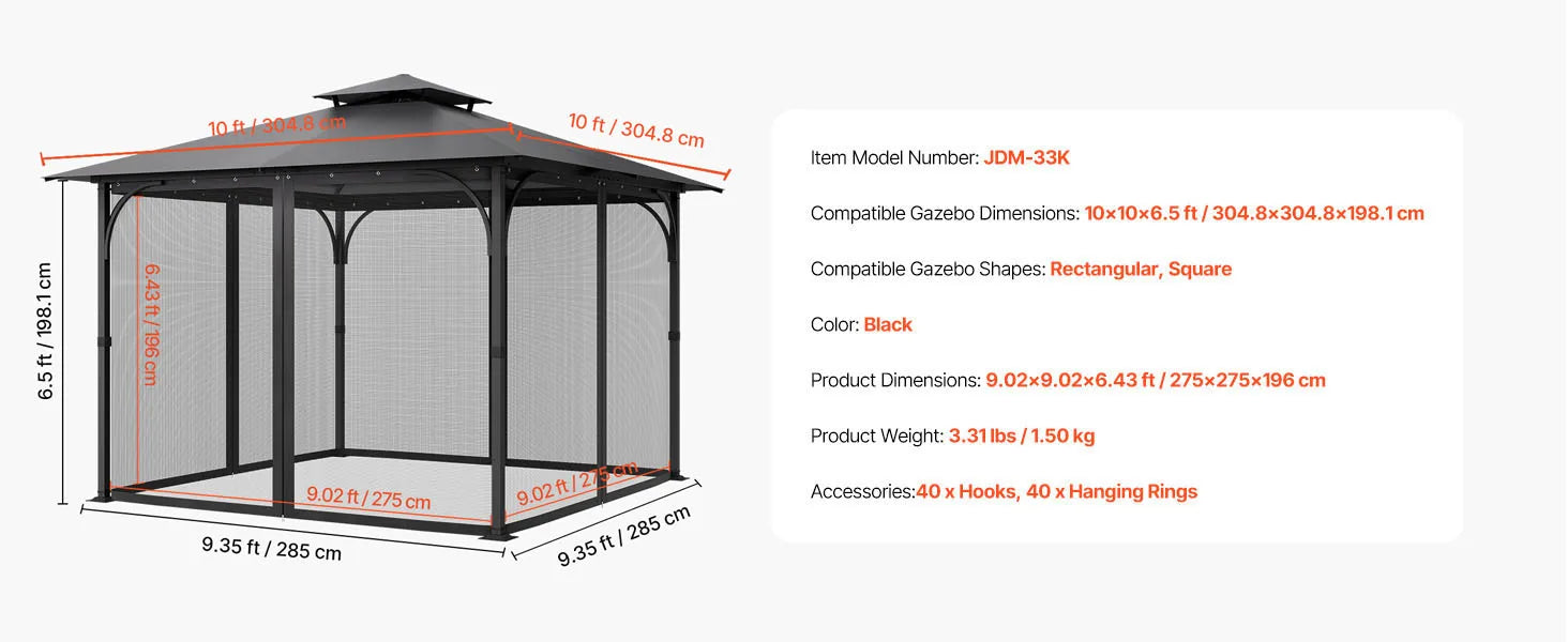 SucceBuy Gazebo Netting Replacement Outdoor Garden Gazebo Net 4-Panel Sidewall Mesh Gazebo Curtain Double Zipper for Garden