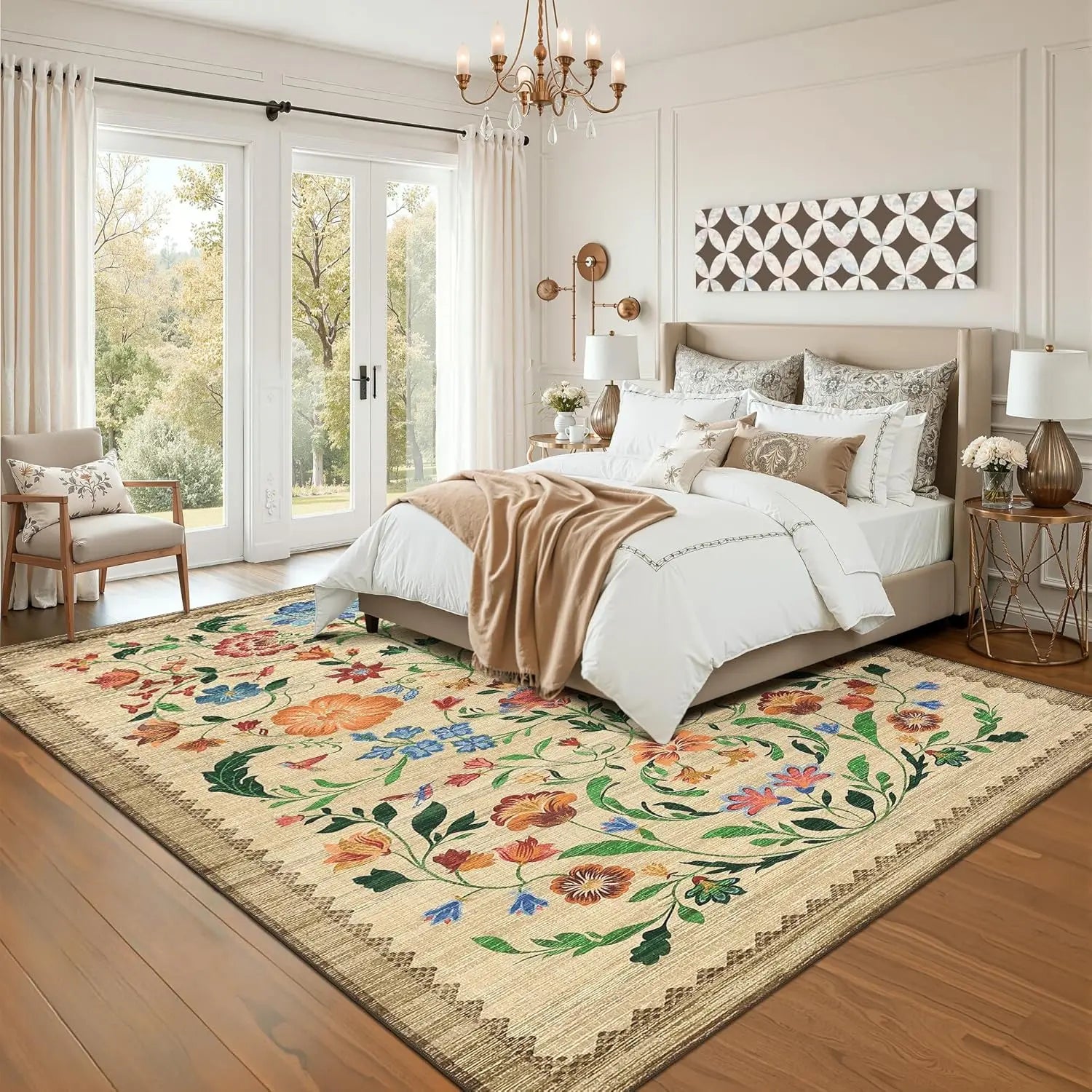 Washable Area Rugs for Living Room, Floral Rug for Bedroom, Soft Boho Throw Rugs, Low Pile Vintage Floral Carpet for Dining Room