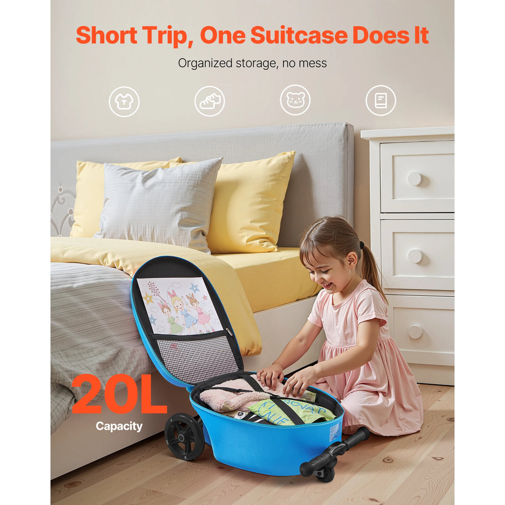 SucceBuy Ride-on Luggage 20 L Capacity 20 In Kids Scooter Suitcase with Flash PU Wheels Adjustable Handle for Kids Aged 5+ Blue