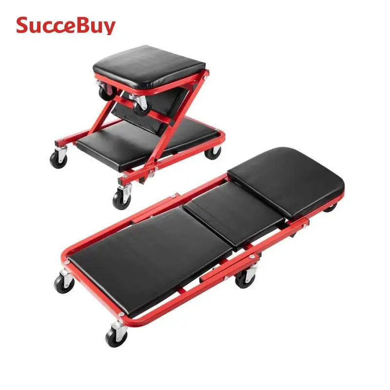 SucceBuy Foldable Z Garage Creeper Rolling Folding Mechanic Creeper Stool with6Wheels Tool Tray Padded Seat Garage Shop Home