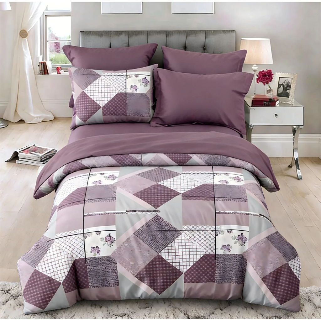 Patchwork Bedding Set Queen Size, 3Pcs Duvet Cover, Soft Microfiber Quilt Cover Set, Purple Grey Geometric Print,AU Local Stock