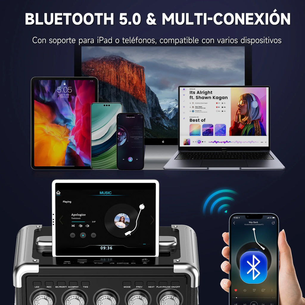 FanFun Karaoke Machine with 2 Wireless Mics & 1 Wired Mic,Portable Bluetooth Karaoke Speaker with LED Lights for Kids and Adults