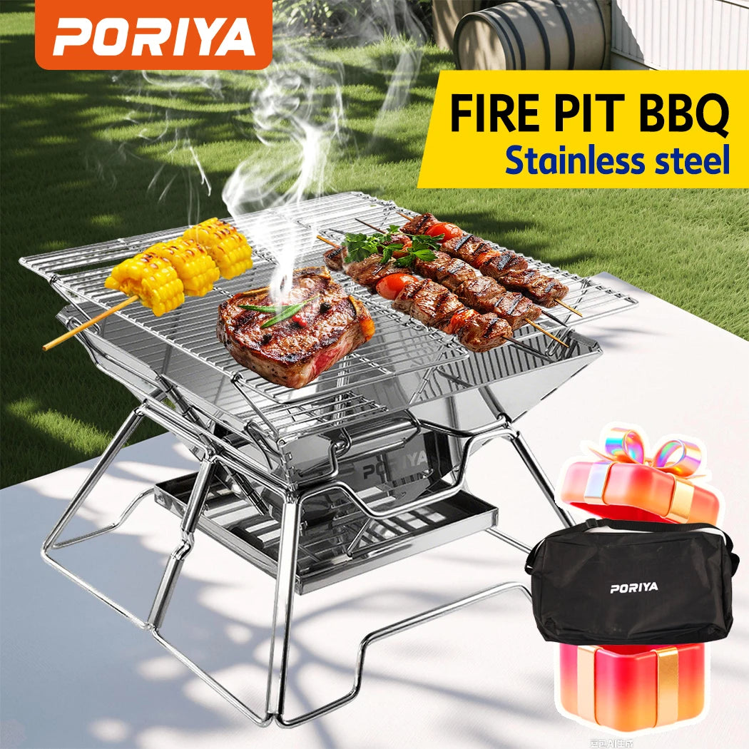 PORIYA Fire Pit BBQ Grill Camping Outdoor Portable Stainless Steel Stove 2 IN 1