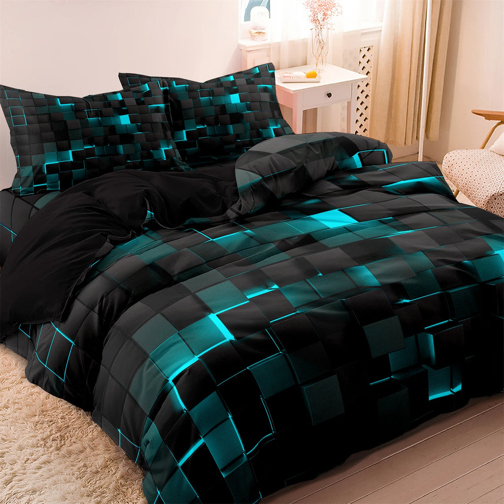 3pcs Lake Blue Soft Geometric Grid Plaid Checked Quilt Doona Duvet Cover Bedding Set / Included 1*Duvet Cover & 2*Pillowcase