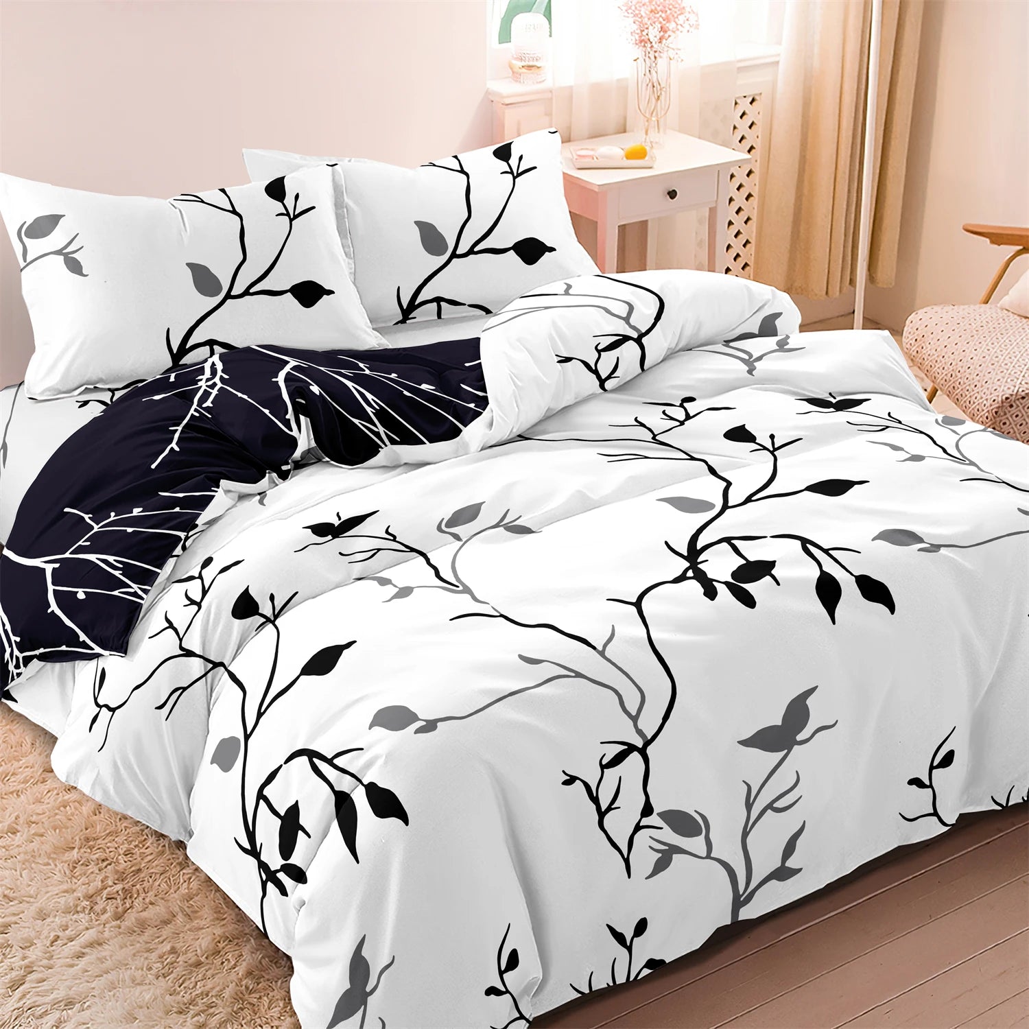 3Pcs Black White Branch Duvet Cover Set,Minimalist Leaf Bedding,Soft Microfiber Quilt Cover,Modern Bedroom Decor,AU/Local Stock