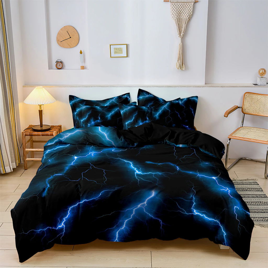 3pcs Blue Lightning Line Quilt Donna Duvet Cover Bedding Set, HD Print For Home & Dorm, Cozy Soft Comfortable