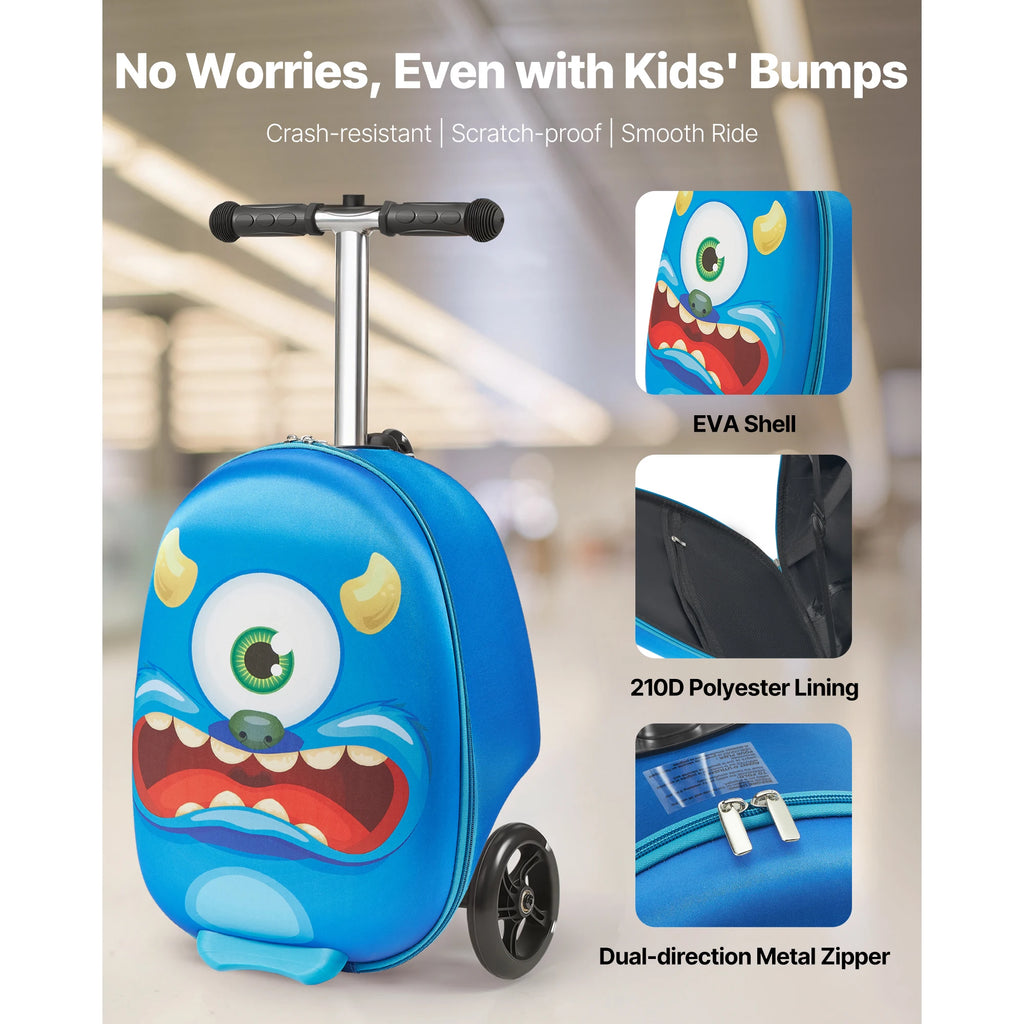 SucceBuy Ride-on Luggage 20 L Capacity 20 In Kids Scooter Suitcase with Flash PU Wheels Adjustable Handle for Kids Aged 5+ Blue