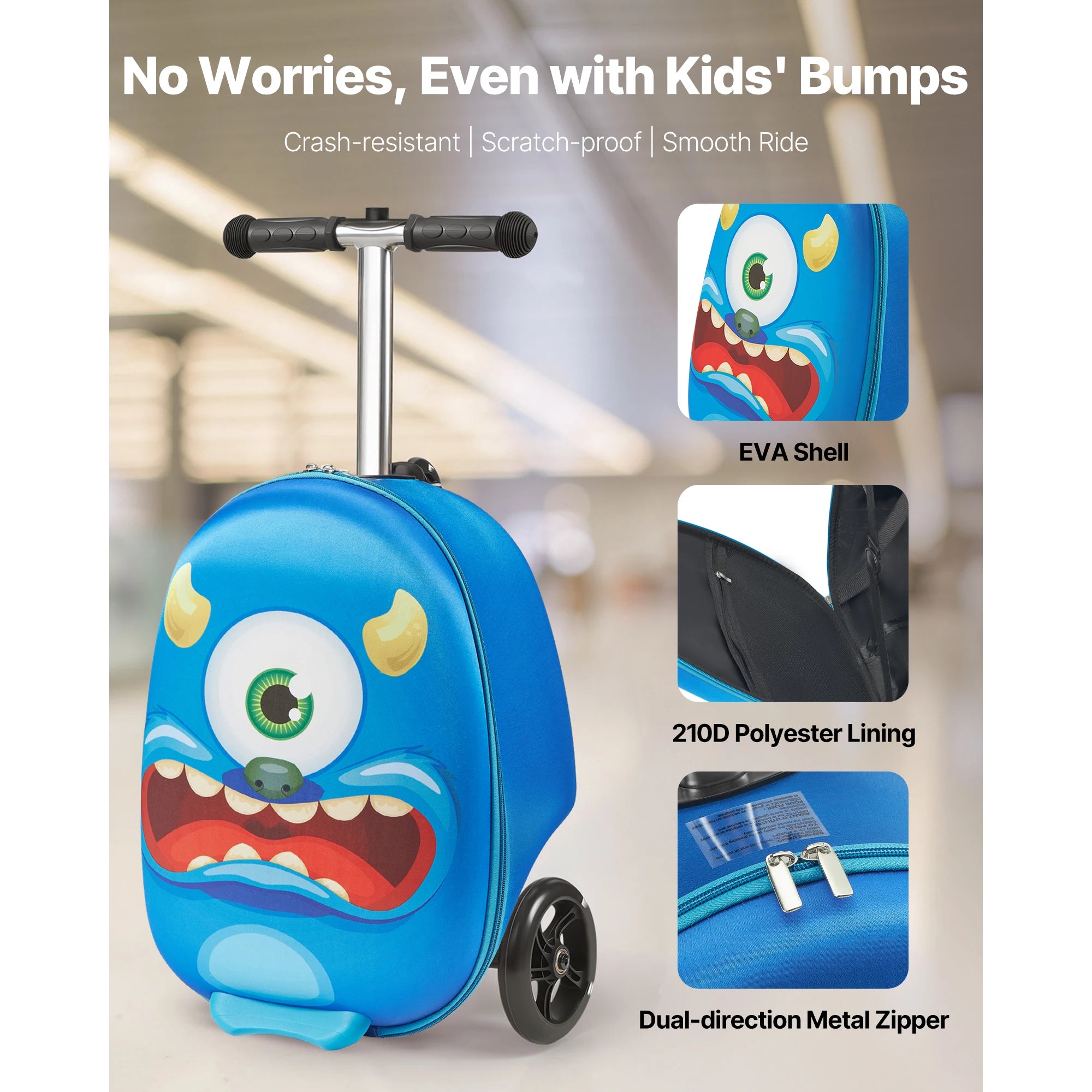SucceBuy Ride-on Luggage 20 L Capacity 20 In Kids Scooter Suitcase with Flash PU Wheels Adjustable Handle for Kids Aged 5+ Blue