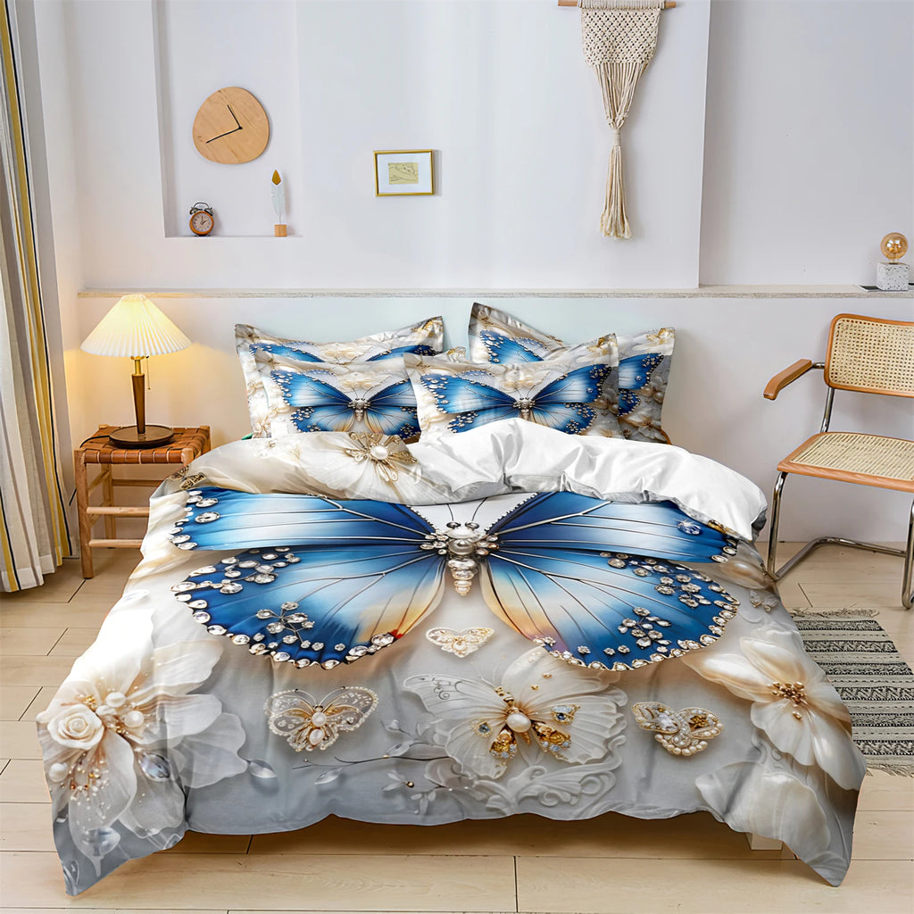 3pcs Soft Comfortable Butterfly Print Quilt Doona Duvet Cover Bedding Set Single Double Queen King Size For Home Dorm