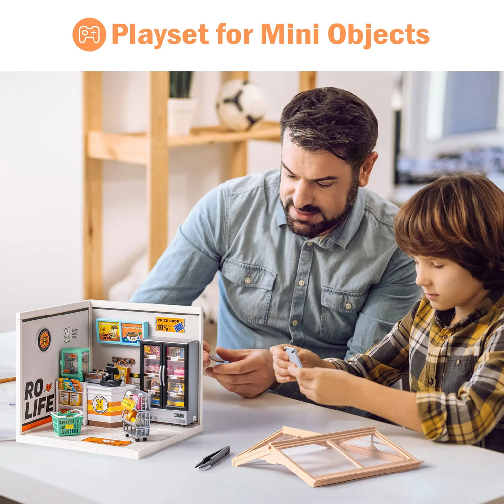 Robotime Rolife Super Creat Plastic DIY Miniature House Cafe Energy Supply Store Funny Toys Building Block Sets for Kids DW003